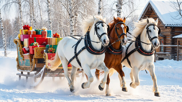 A team of three horses pulls a richly decorated golden sleigh loaded with colorful gift boxes through a snowy birch forest against the backdrop of a traditional wooden hut. The concept is a festive Ru