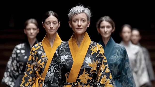 Elegant women in kimonos move forward slowly