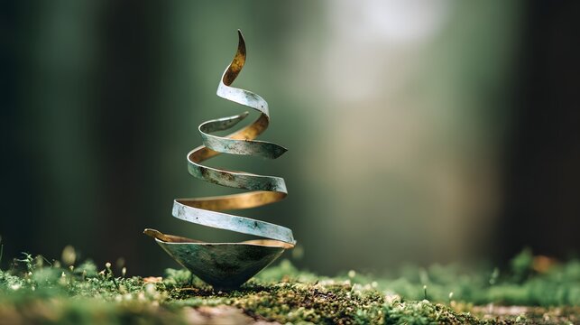 Abstract metal sculpture resembles a spiral Christmas tree on moss.