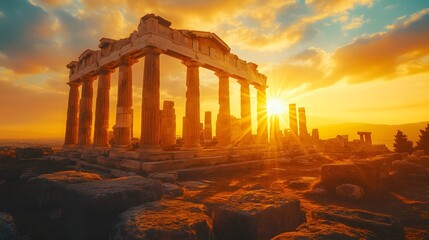 Obraz premium Ancient Greek Temple Ruins at Sunset with Dramatic Golden Light