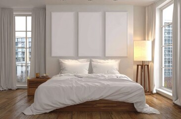 Modern bedroom interior with three blank canvases above the bed.