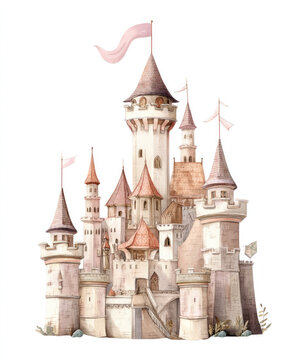 
Watercolor, cute and creepy fairy tale castle clipart on a white background with margins, a small pink flag at the top of the tower