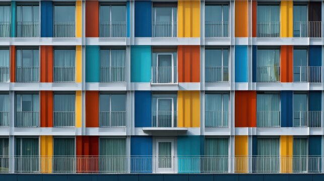A modern building showcases a striking facade with a mix of colors including blue orange yellow and red. Each floor features balconies and large windows.