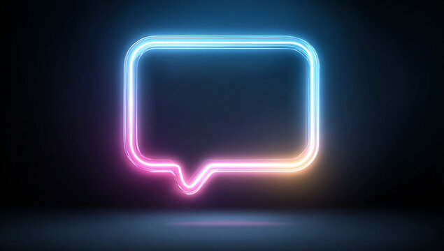 A neon speech bubble vector icon with a glowing effect on a dark background, symbolizing online communication and message sharing for social media or video conferences, modern and vibrant design.