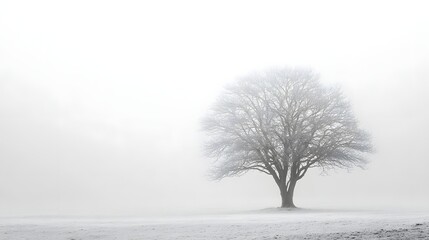 Fototapeta premium Bare tree stands in a misty, frosted field during winter.