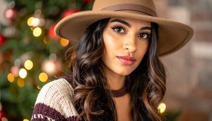 Woman in a brown hat, Christmas lights background