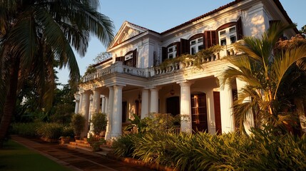 grand British colonial mansion surrounded by tropical gardens, white pillars, wooden shutters, evening sunlight