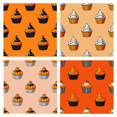 halloween cupcakes seamless patterns set