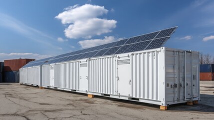 Obraz premium Solar panels are mounted on shipping containers at an industrial location. The setup aims to harness renewable energy efficiently. The sky is clear with a few clouds.