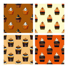 halloween cupcakes seamless patterns set