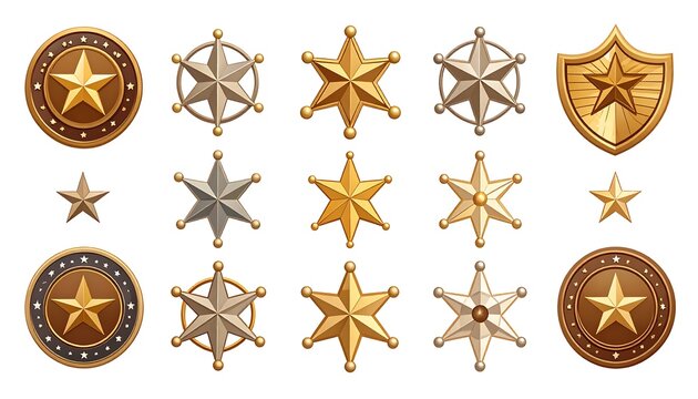 A collection of golden, silver, and bronze star-shaped badges and seals, showcasing various designs and styles