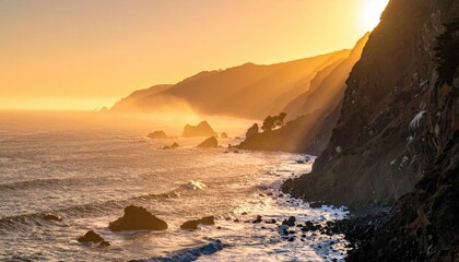 Golden hour sunlight streams through coastal fog illuminating rugged cliffs and a shimmering ocean with dramatic sunbeams creating a serene natural landscape