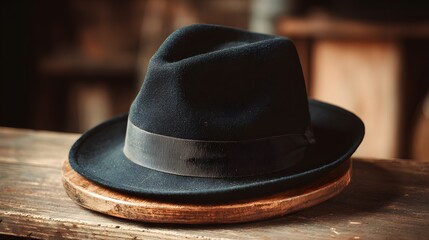 A classic black fedora hat with a ribbon band rests on a wooden surface.