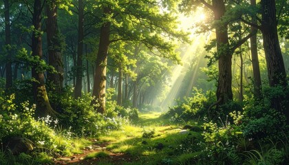 Obraz premium Lush Forest Path with Sun Dappled Greenery and Towering Trees Radiant Light Filtering Through Leaves Creates a Serene Woodland Ambiance