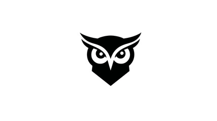 Minimalist stylized black owl head icon on white background, wise bird symbol, intelligent nocturnal creature graphic design element