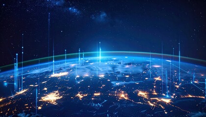 A stunning view of Earth from space, showcasing glowing city lights and a starry backdrop, with data lines extending from the surface into the cosmos.