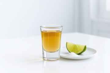 Golden tequila shot with lime wedges and salt on a white plate, elegant minimal composition with bright lighting