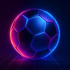 Fototapeta premium Futuristic neon glowing soccer ball with blue and pink light on dark background