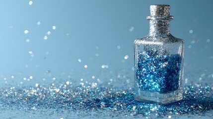 Glass bottle filled with blue glitter sits amidst scattered blue and silver glitter.