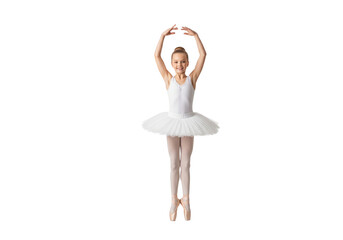 A young ballerina in a classical ballet pose, poised with grace and elegance. She is wearing a white leotard and tutu, with her arms gracefully curved overhead.