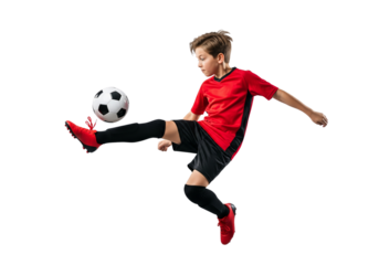 A young soccer player in action kicking the ball during a match, captured in a moment of athleticism