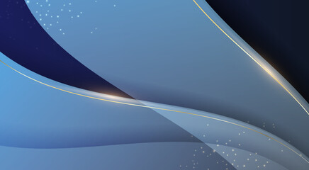 Abstract navy blue background with gold lines and shiny light effects