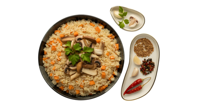 Delicious pilaf with mushrooms and carrots isolated on transparent background