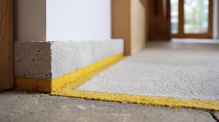 Vibrant yellow safety line marks construction progress on concrete floor near wooden elements