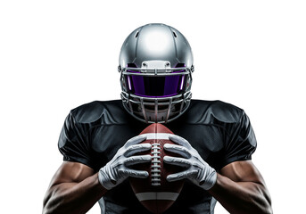 A muscular football player holding the ball in front of his body, with a focused expression on his face. The player is wearing a helmet and gear, ready for the game © STOCK CART