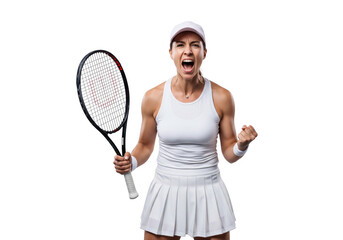 A tennis player exults with joy after scoring a point in a match. She is wearing sporty tennis clothing, with a racket in hand and fist in the air