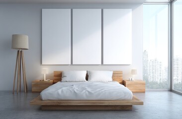 Modern Minimalist Bedroom with Large Windows and White Bed.