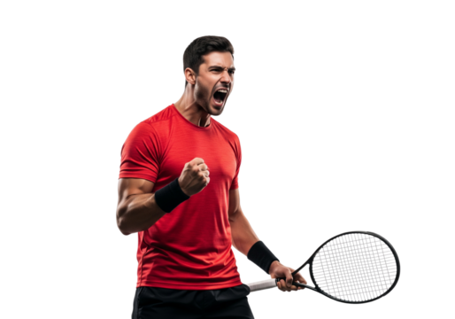 An enthusiastic tennis player celebrates a point