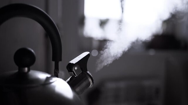 Close up, Whistling Metal Boiling Old Kettle on Stove in Kitchen. Retro kettle with rising steam in rays of sunlight. Steam texture on a blurred background. Vintage video. Cozy atmosphere. Morning.
