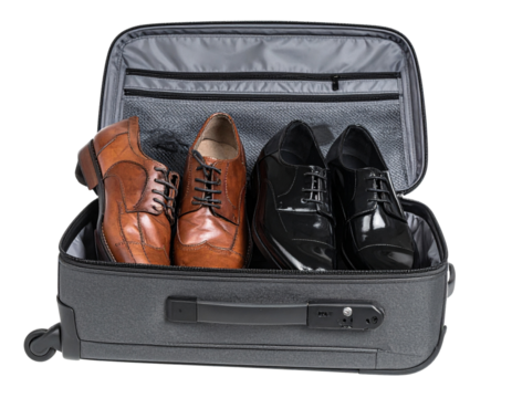 Open Grey Travel Bag with Men’s Dress Shoes – isolated on transparent background - Powered by Adobe