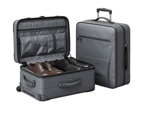 Stylish Grey Luggage with Assorted Men’s Shoes Collection – isolated on transparent background