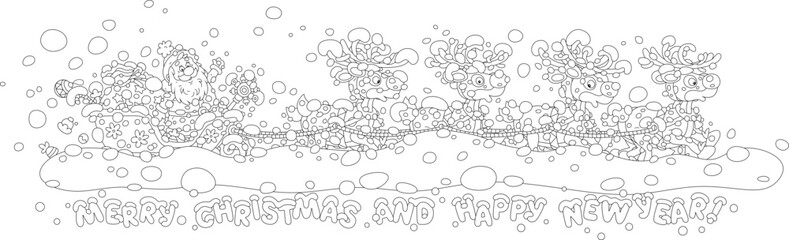 Santa Claus with holiday gifts riding in his magic sleigh with a team of flying reindeers through heavy snowstorm and snowdrifts on a snowy night before Christmas, vector cartoon illustration