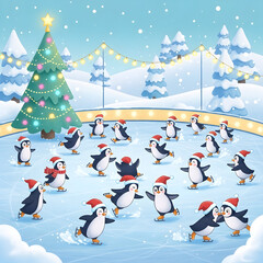 Penguins Skating on Ice Rink for Winter Holiday Illustration