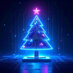 Neon futuristic Christmas tree with circuits