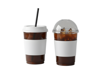 Two iced coffee drinks with white sleeves isolated on transparent background