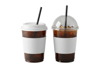 Two iced coffee drinks with white sleeves isolated on transparent background