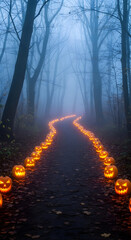 Pathway Lined with Glowing Pumpkins in Foggy Autumn Forest