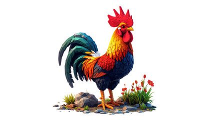 A male rooster standing in a flower garden