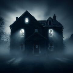 Old House with Broken Windows and Fog at Night