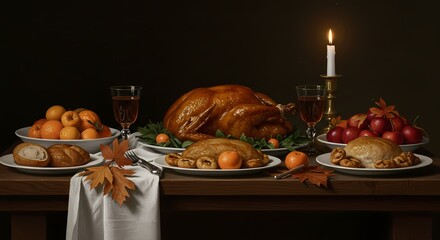 Traditional Holiday Feast with Roasted Turkey and Autumn Decor