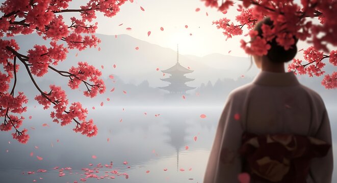 Peaceful woman admiring cherry blossoms and pagoda in tranquil landscape, fostering serenity and cultural appreciation in a serene Asian setting