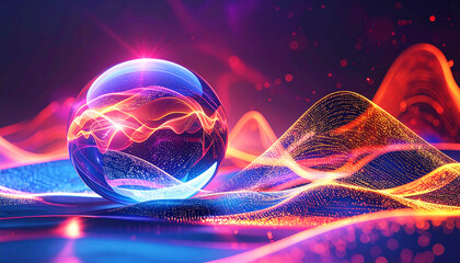 Abstract composition of glowing sound waves surrounding a crystal bowl, symbolizing energy, vibration, and frequency healing. Neon colors flow dynamically, evoking meditation, sound bath, and balance
