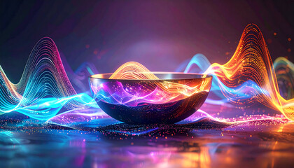 Abstract composition of glowing sound waves surrounding a crystal bowl, symbolizing energy, vibration, and frequency healing. Neon colors flow dynamically, evoking meditation, sound bath, and balance
