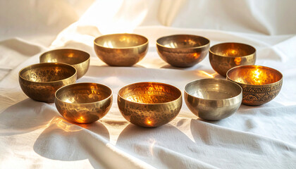 Set of brass singing bowls arranged on soft white fabric, glowing in warm sunlight. A peaceful, spiritual composition symbolizing sound healing, meditation, and mindful balance in holistic wellness