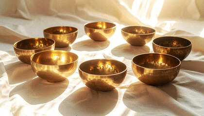 Set of brass singing bowls arranged on soft white fabric, glowing in warm sunlight. A peaceful, spiritual composition symbolizing sound healing, meditation, and mindful balance in holistic wellness