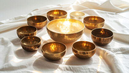 Set of brass singing bowls arranged on soft white fabric, glowing in warm sunlight. A peaceful, spiritual composition symbolizing sound healing, meditation, and mindful balance in holistic wellness